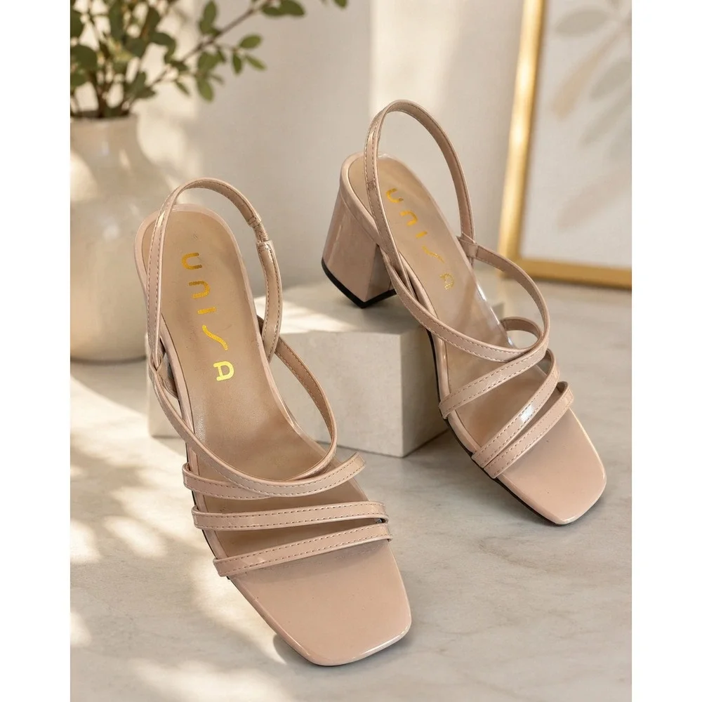 Unisa Sandals Strappy Beige Patent Block Heel Minimalist 6.5M
